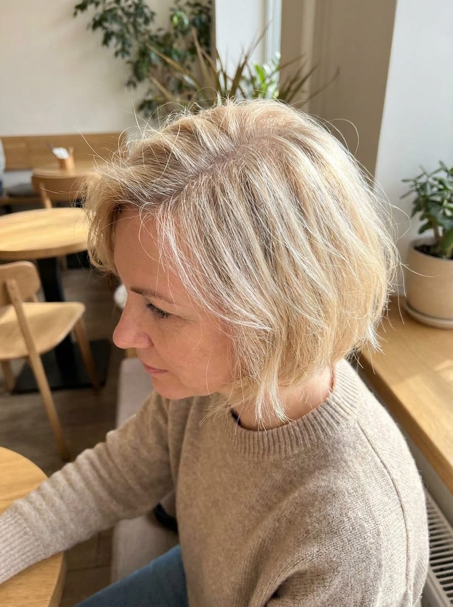 Schmeichelhafter Lob für feineres Haar - Mittellanger blonder Bob